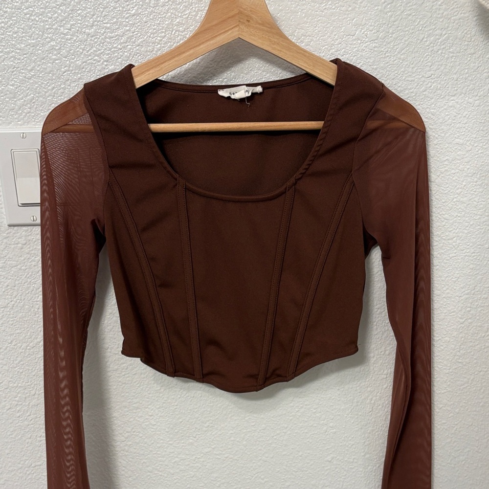 Cropped Long Sleeve Top with Sheer Sleeves
